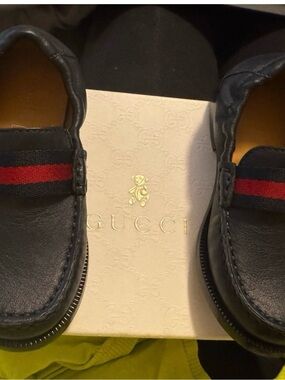 Gucci Kids Black Leather Slip-On Loafers with Red-Blue Web